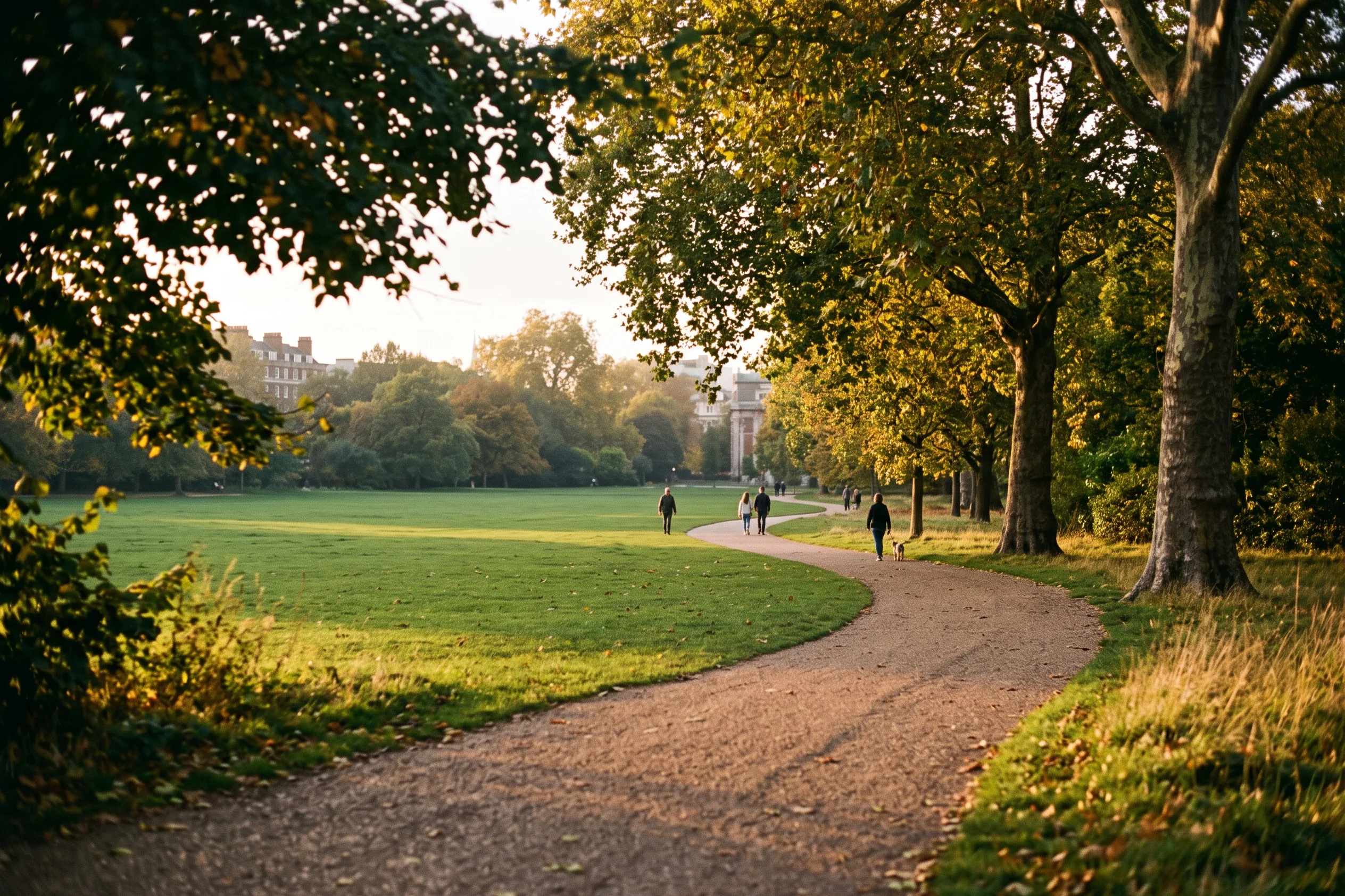 Open lawn and mature plane trees in Green Park, Mayfair